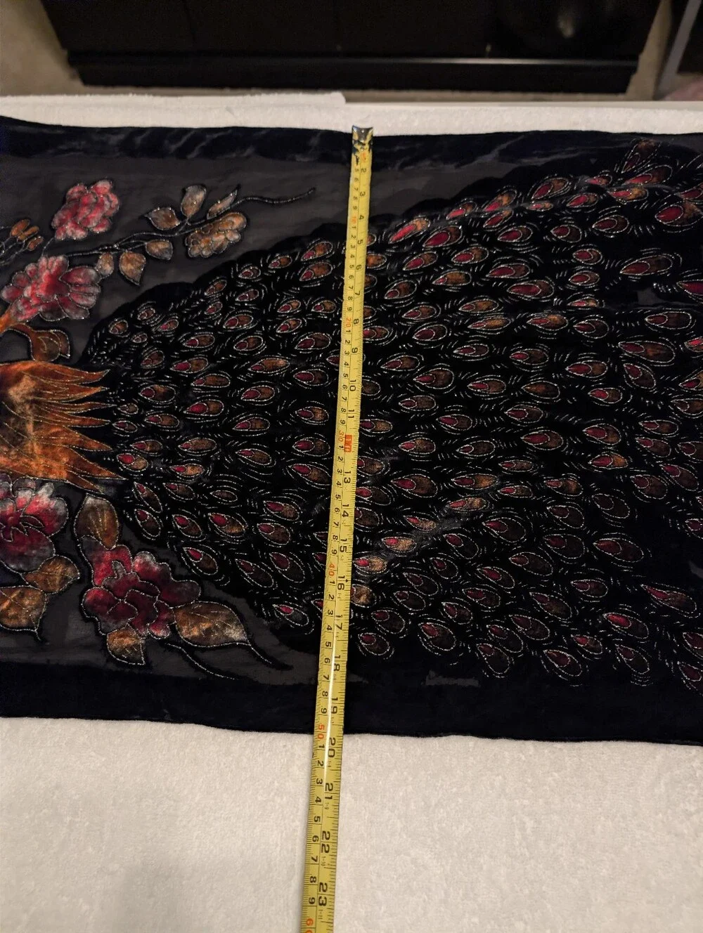Black Shawl with Rich Copper and Crimson Velvet Peacock Applique and Fringe